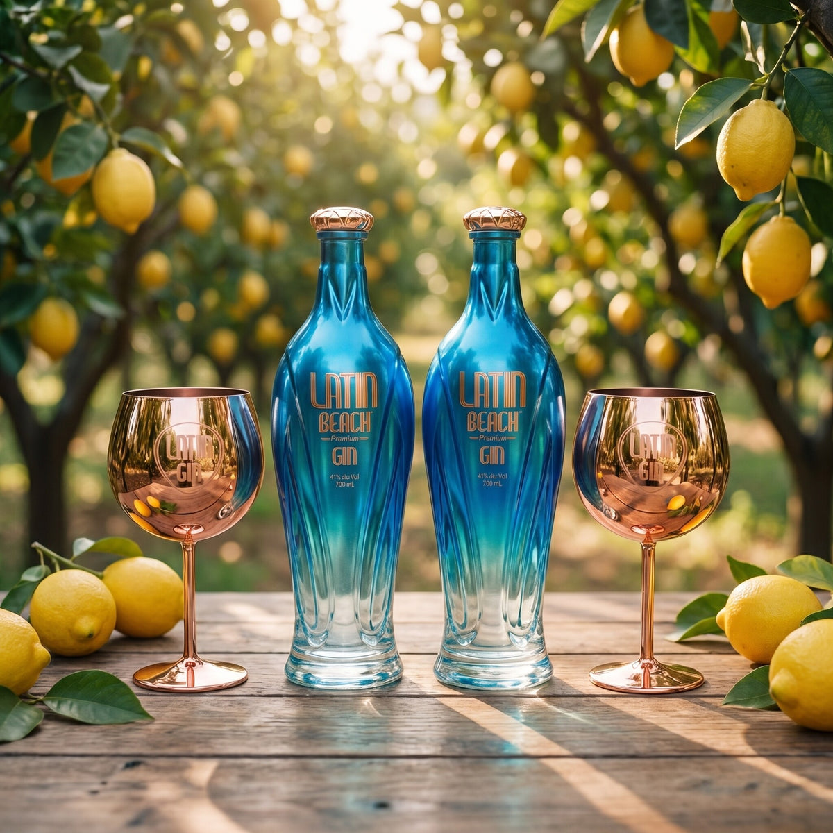 Two Latin Beach gin bottles and rose gold Copa cups on a table in a lemon grove