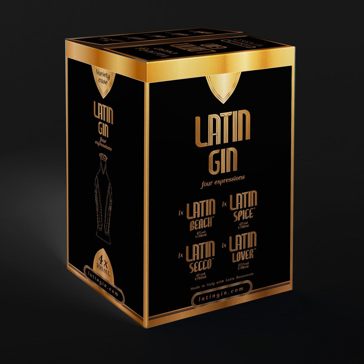 Latin Gin four-bottle gift case in black and gold